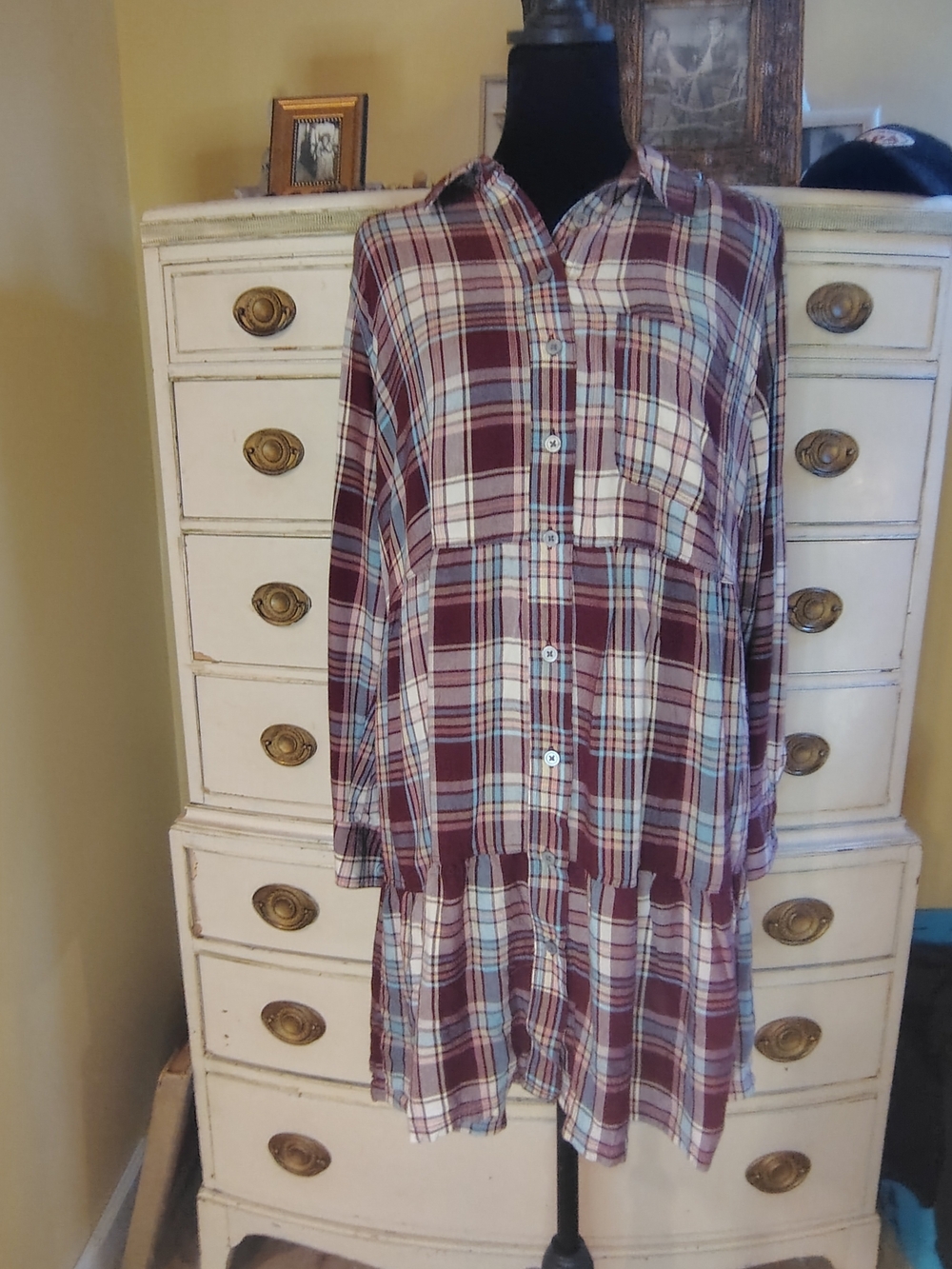 Adorable Plaid Long-Sleeve Shirt Dress in Maroon 100% Rayon